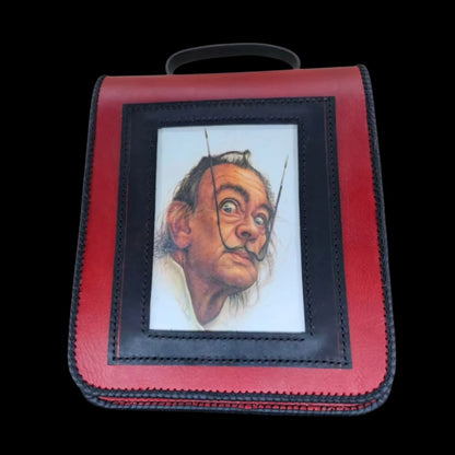 Handmade red leather shoulder bag with a red and black photo-transfer portrait - AG Design, Arad, Romania