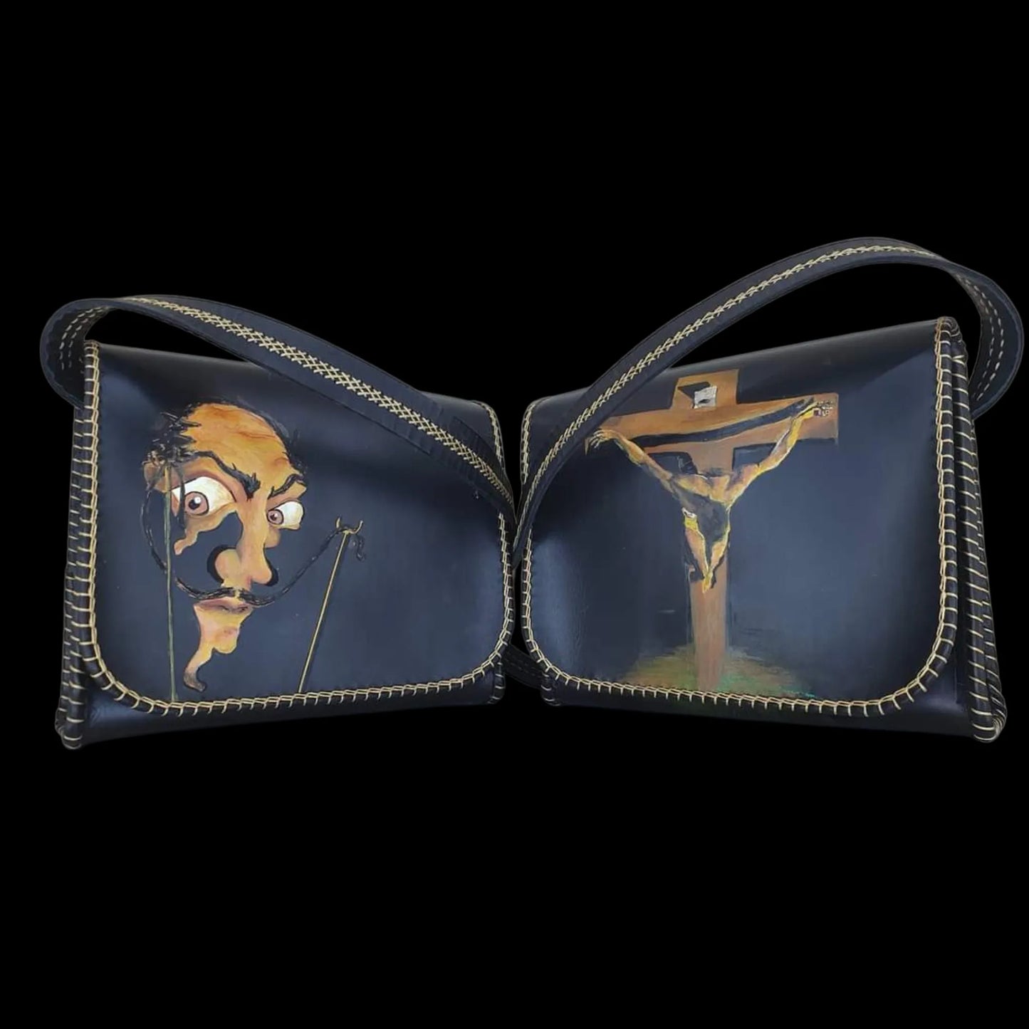 Handmade pair of dark leather purses with painted portrait artwork - AG Design, Arad, Romania