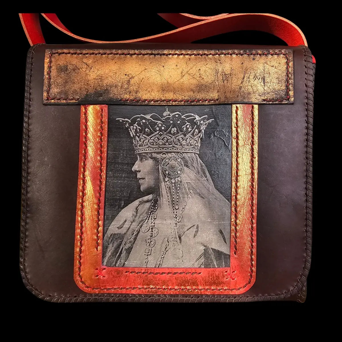 Handmade brown leather shoulder bag with a Queen Marie portrait photo transfer with a copper patina - AG Design, Arad, Romania