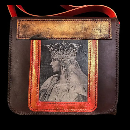 Handmade brown leather shoulder bag with a Queen Marie portrait photo transfer with a copper patina - AG Design, Arad, Romania