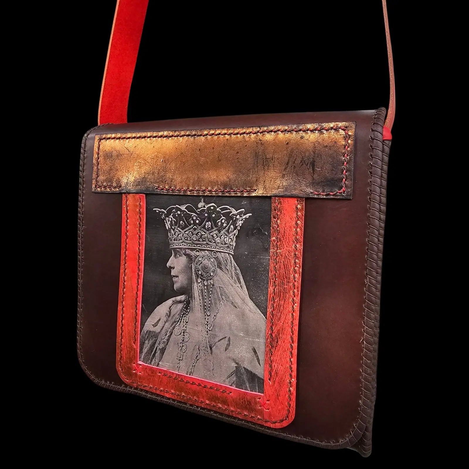 Handmade brown leather shoulder bag with a Queen Marie portrait photo transfer with a copper patina - AG Design, Arad, Romania