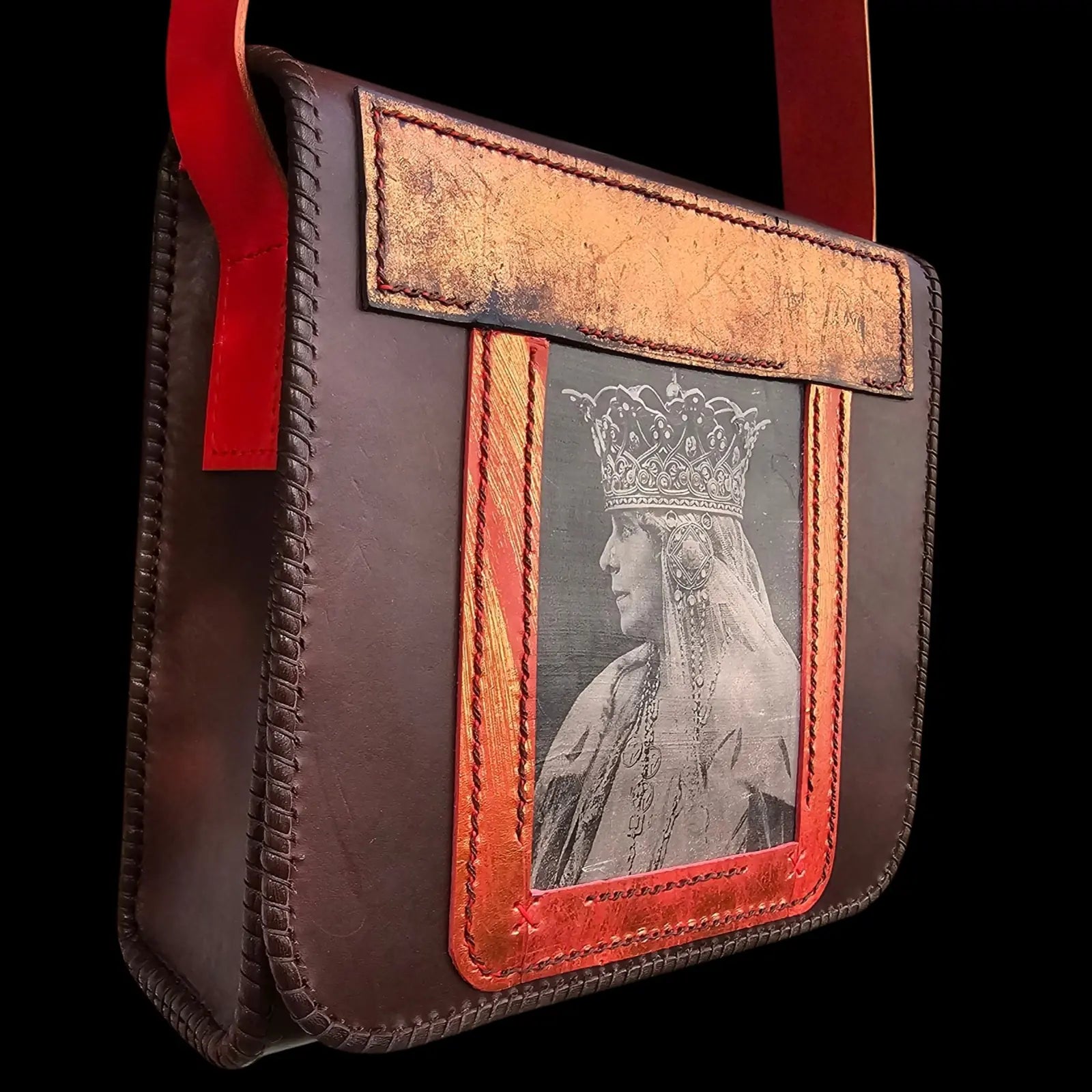 Handmade brown leather shoulder bag with a Queen Marie portrait photo transfer with a copper patina - AG Design, Arad, Romania