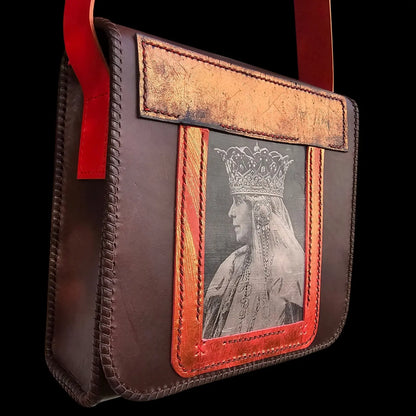 Handmade brown leather shoulder bag with a Queen Marie portrait photo transfer with a copper patina - AG Design, Arad, Romania