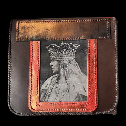 Handmade brown leather shoulder bag with a Queen Marie portrait photo transfer with a copper patina - AG Design, Arad, Romania