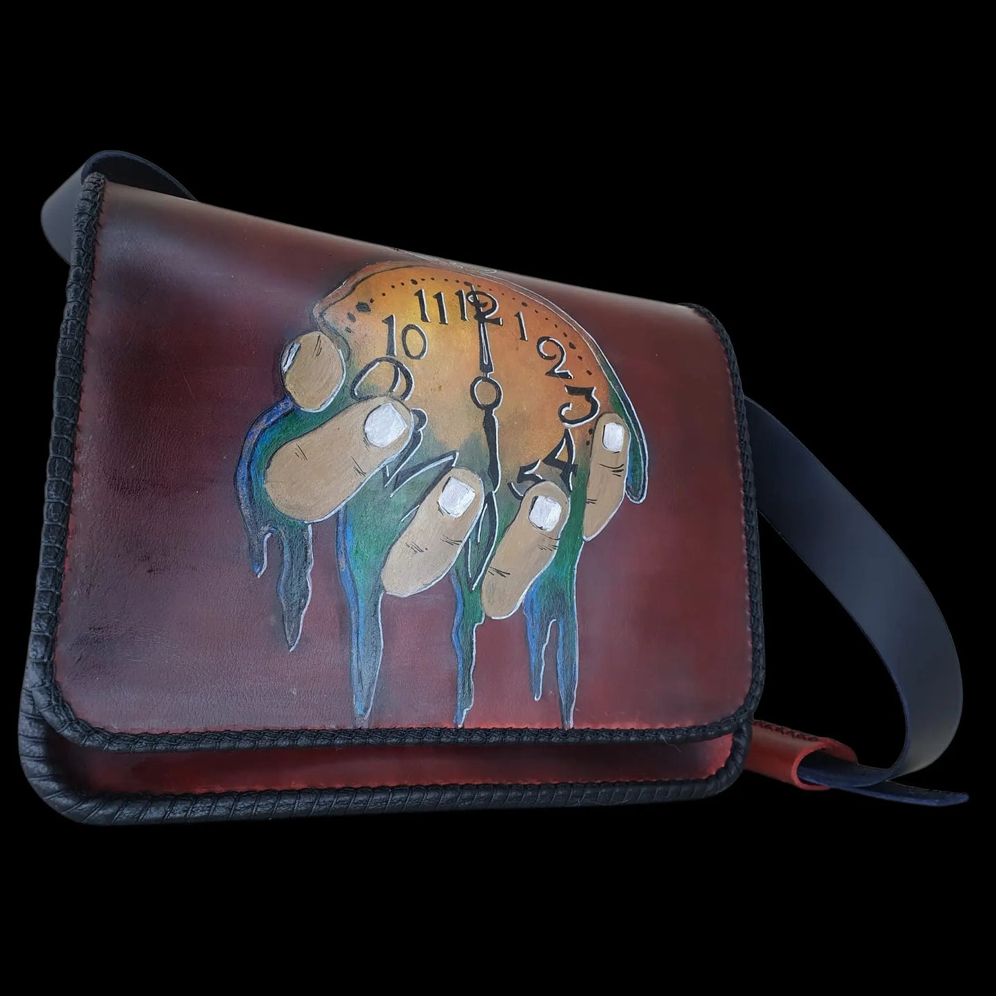 Handmade dark red leather messenger bag with a hand-painted motif - AG Design, Arad, Romania