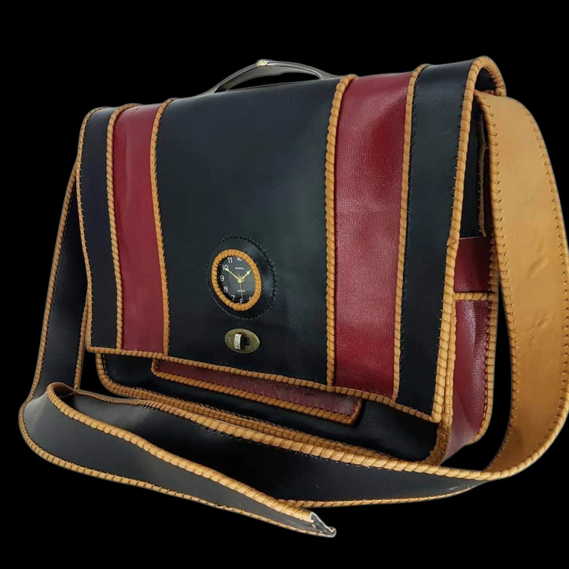 Handmade dark leather messenger bag with coloured trim - AG Design, Arad, Romania