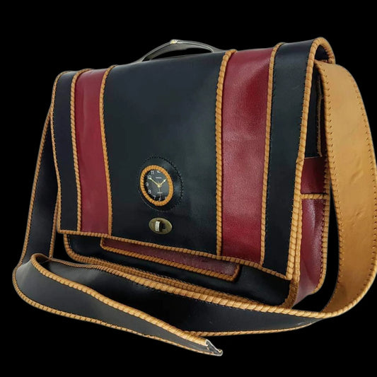 Handmade dark leather messenger bag with coloured trim - AG Design, Arad, Romania