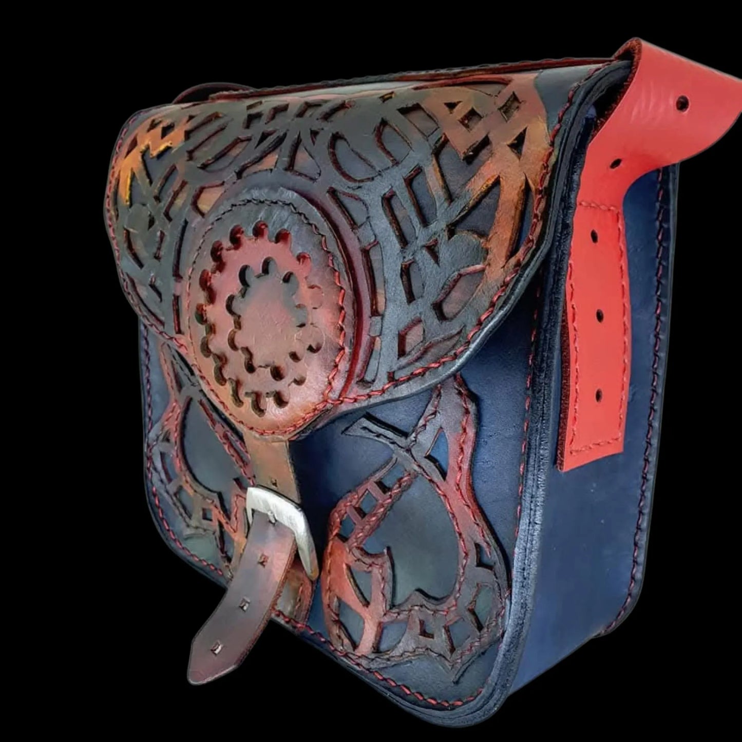 Handmade dark leather bag with a sculpted relief and red detail - AG Design, Arad, Romania