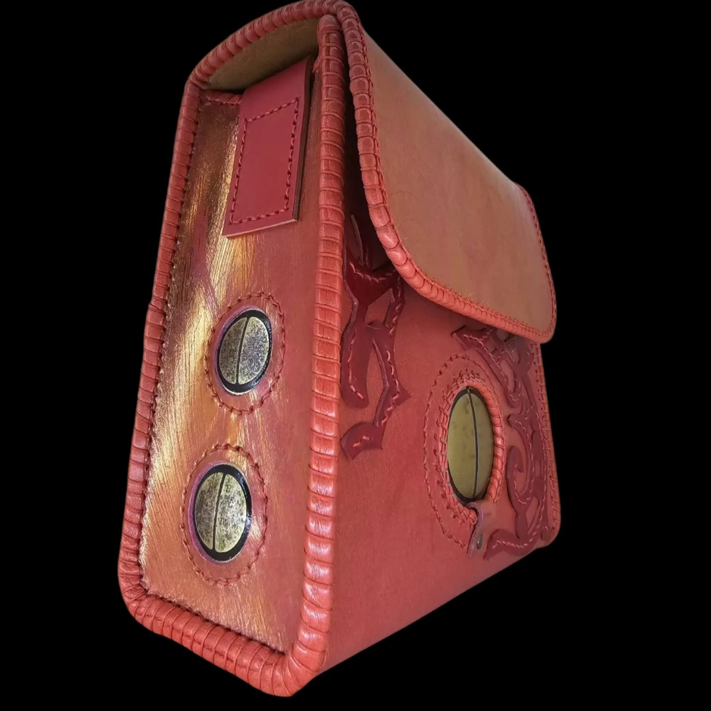 Handmade red leather structured bag with a studded panel - AG Design, Arad, Romania