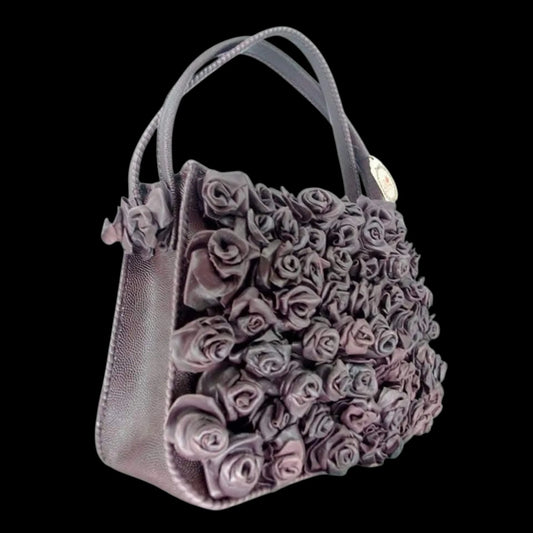 Handmade grey-brown leather bag with sculpted roses - AG Design, Arad, Romania