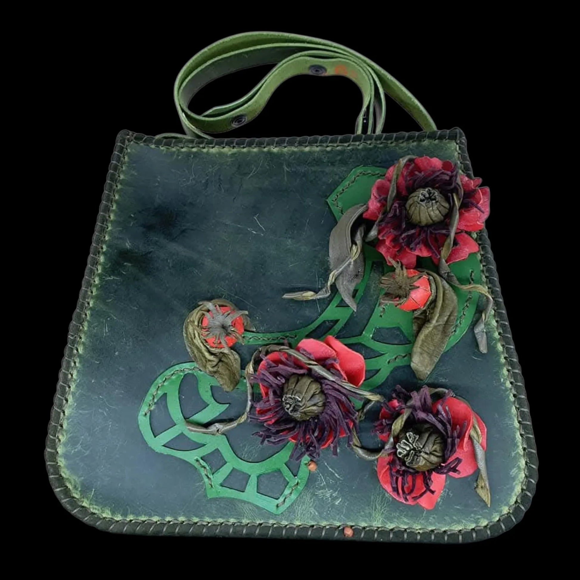 Handmade grey leather bag with sculpted red roses and a figure - AG Design, Arad, Romania