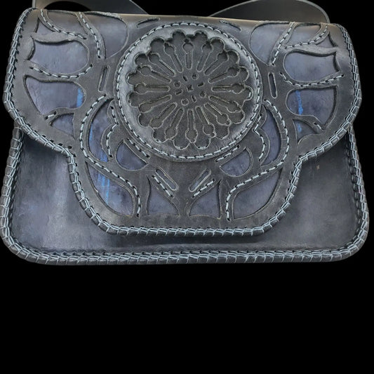 Handmade grey leather bag with an embossed rosette pattern - AG Design, Arad, Romania