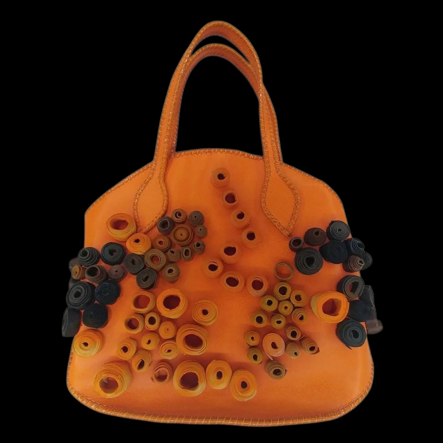 Handmade orange leather handbag decorated with rolled-leather rosettes - AG Design, Arad, Romania