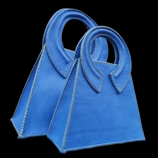 Handmade blue leather bag with a round handle - AG Design, Arad, Romania