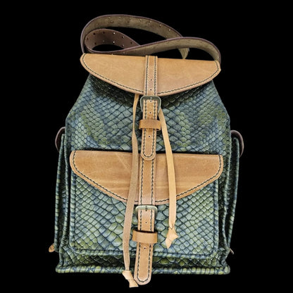 Handmade olive leather backpack with olive and khaki scale-textured leather with cognac smooth leather - AG Design, Arad, Romania