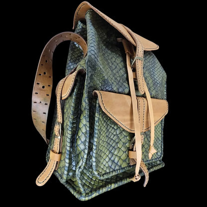 Handmade olive leather backpack with olive and khaki scale-textured leather with cognac smooth leather - AG Design, Arad, Romania