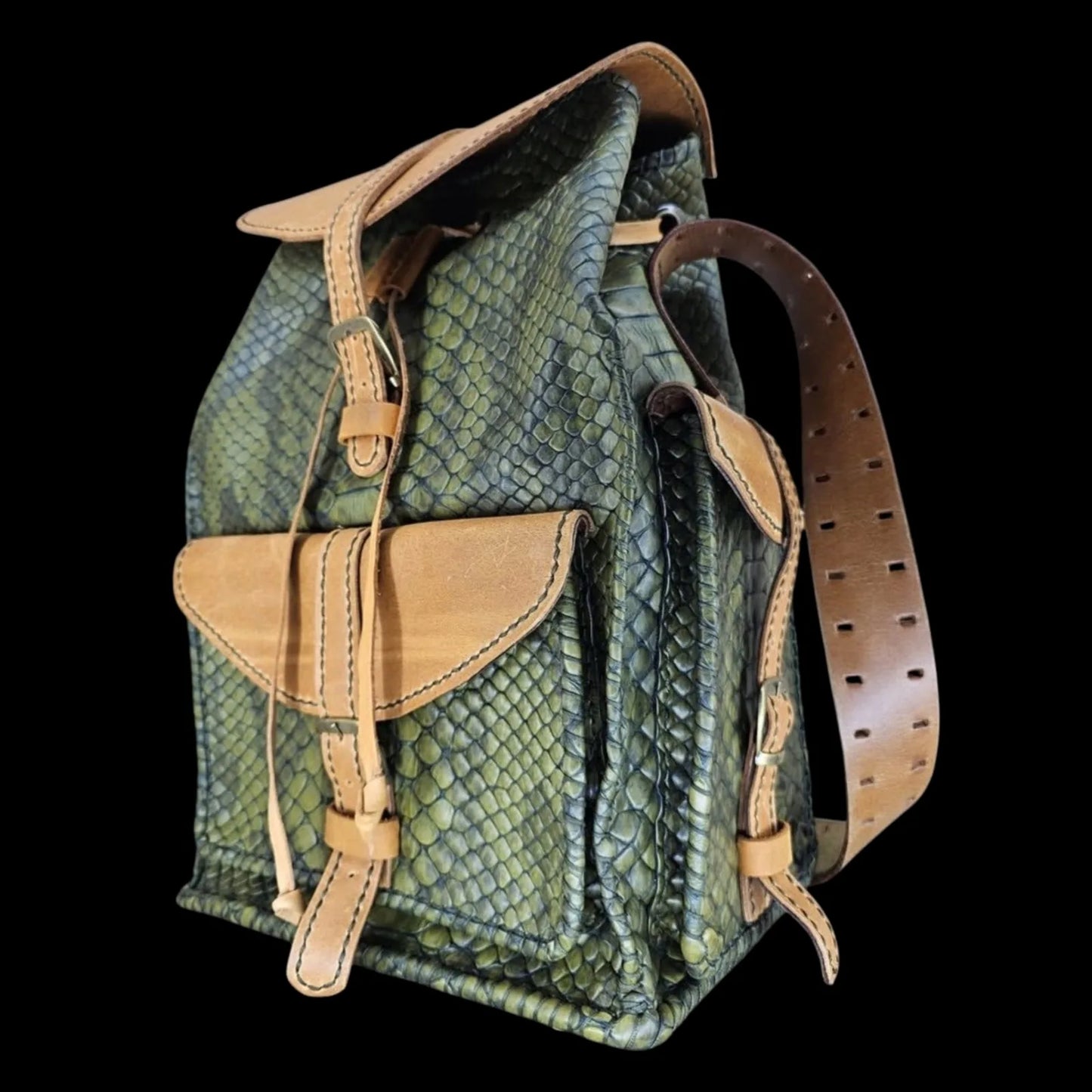 Handmade olive leather backpack with olive and khaki scale-textured leather with cognac smooth leather - AG Design, Arad, Romania