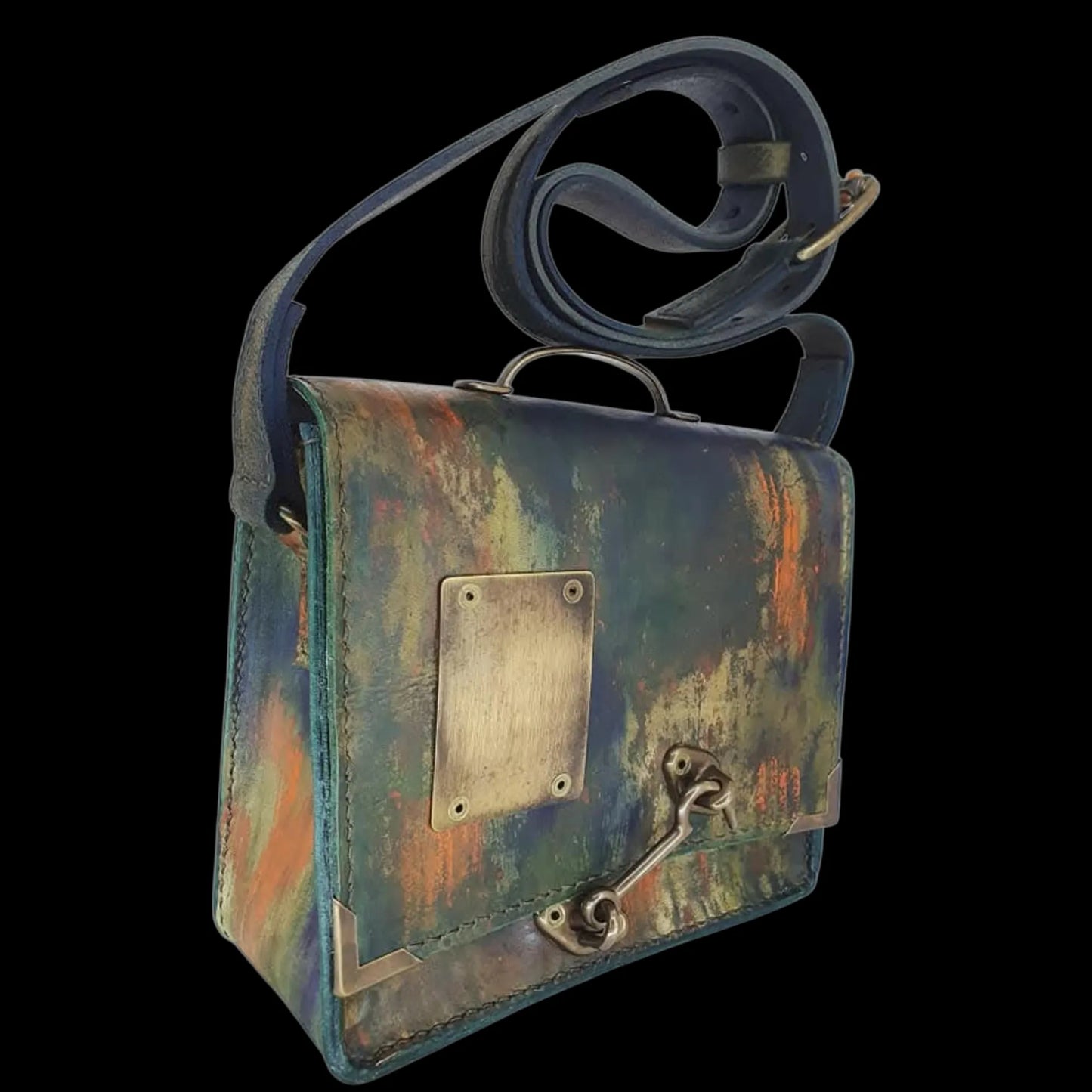 Handmade olive leather bag with a painted scene - AG Design, Arad, Romania