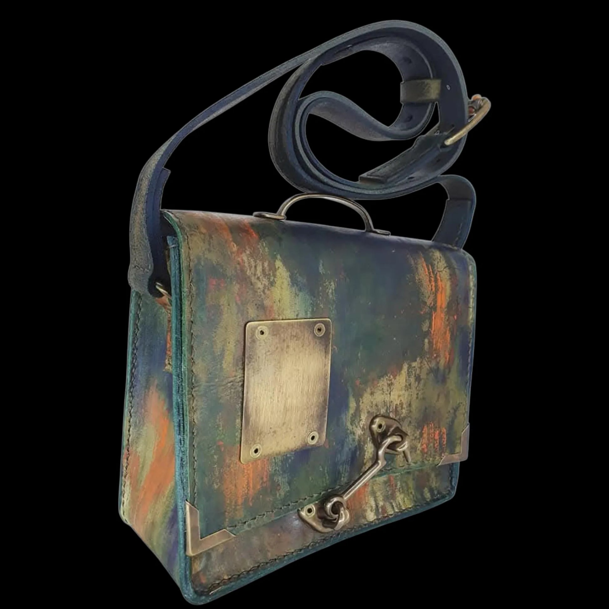 Handmade olive leather bag with a painted scene - AG Design, Arad, Romania