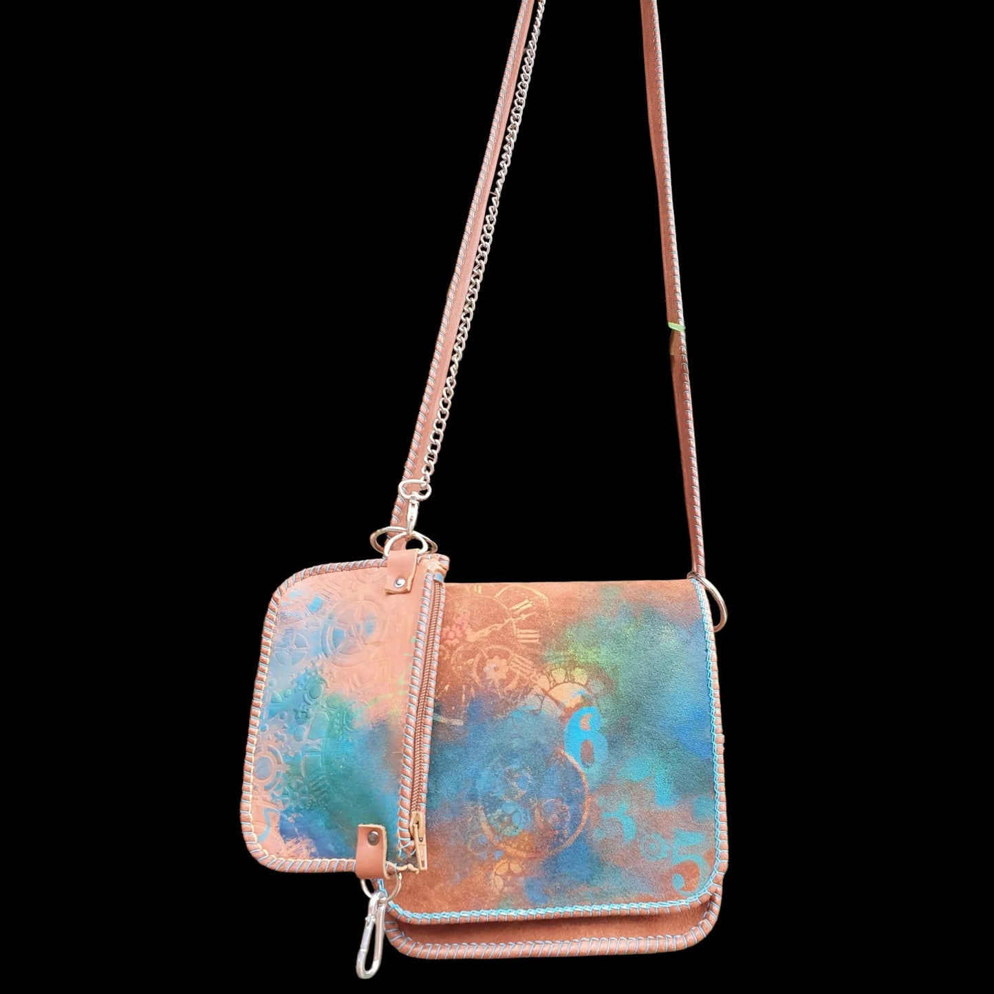 Handmade pink leather crossbody bag with a painted scene - AG Design, Arad, Romania