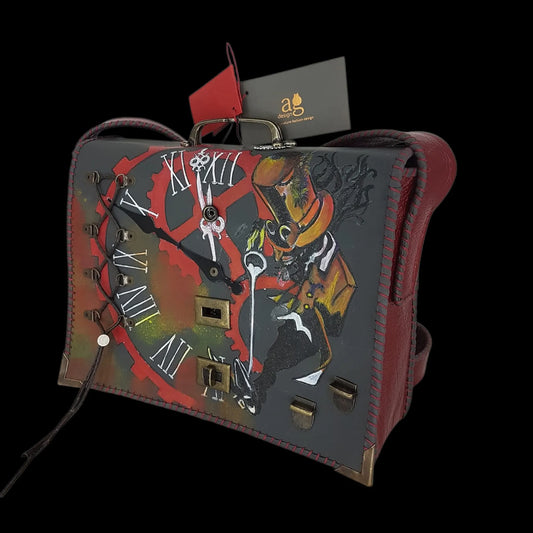 Handmade dark red leather flap bag with a painted scene - AG Design, Arad, Romania