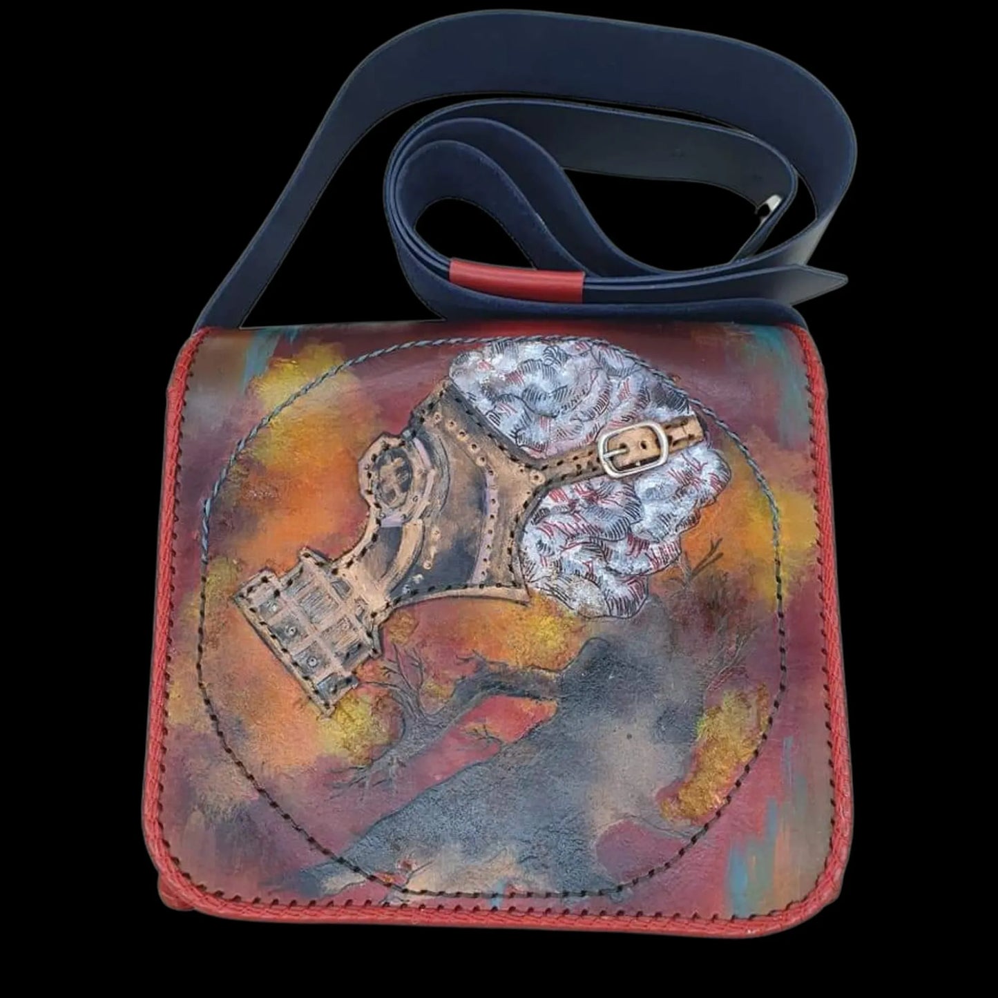 Handmade tan leather bag with a painted scene - AG Design, Arad, Romania