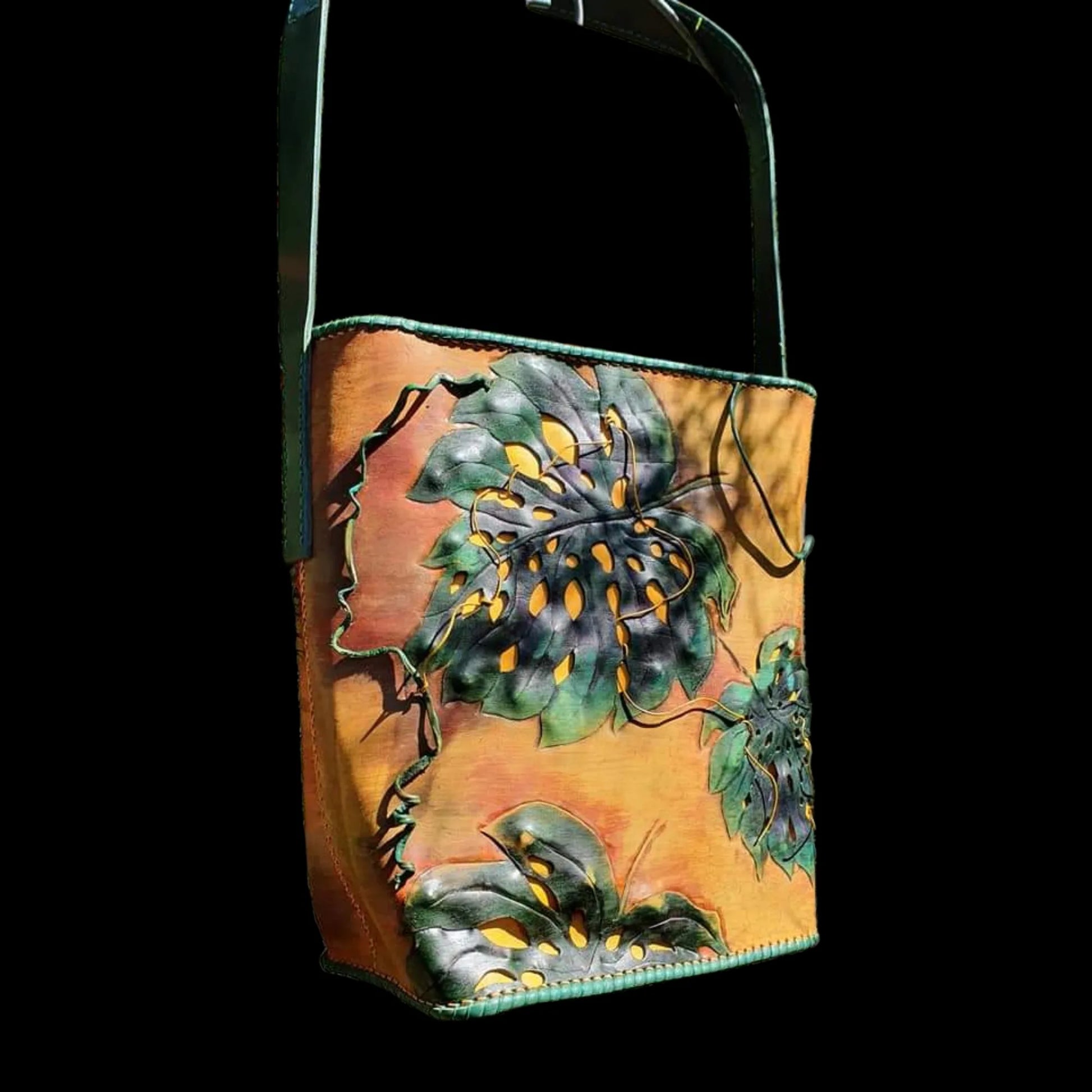 Handmade teal leather crossbody bag with a hand-painted scene - AG Design, Arad, Romania