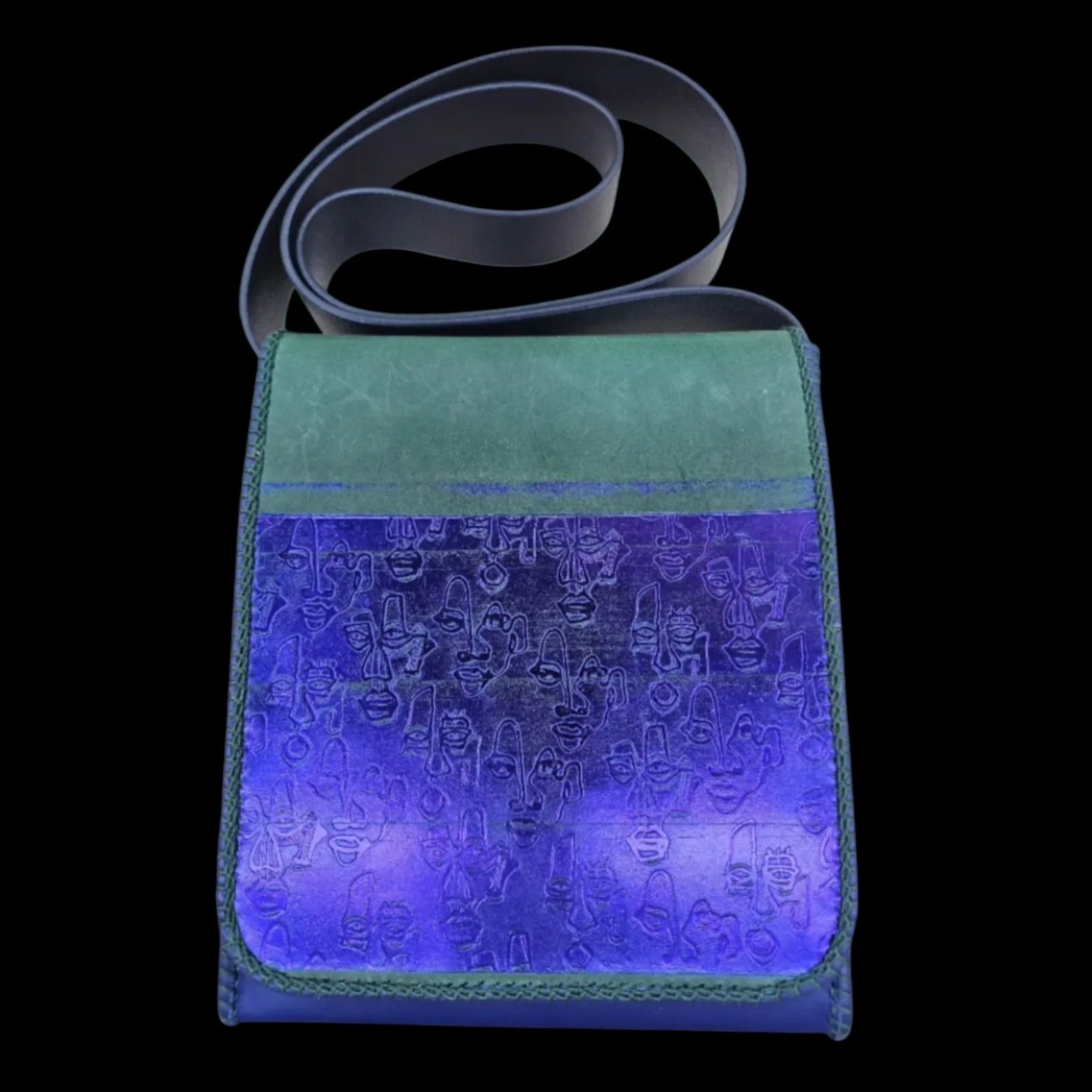 Handmade green leather shoulder bag with minimalist faces sculpted in green and royal blue leather - AG Design, Arad, Romania