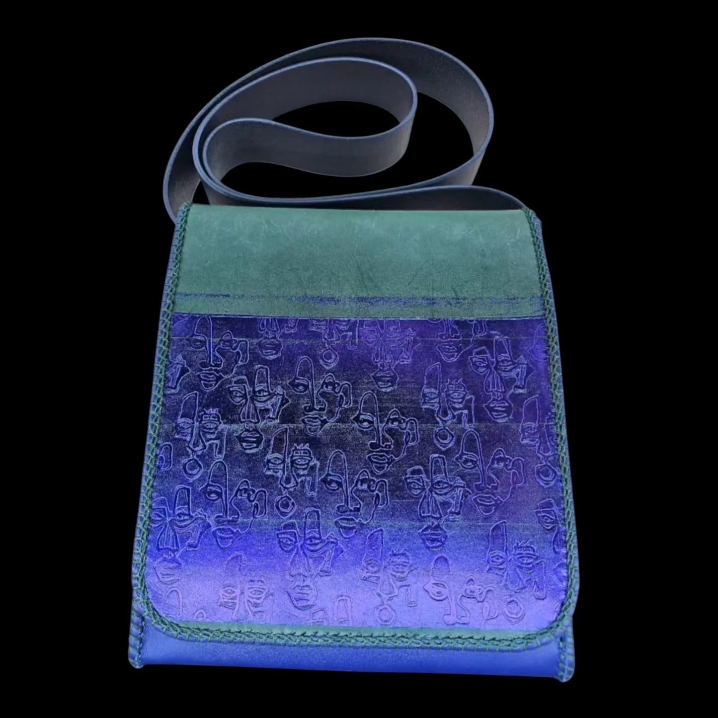 Handmade green leather shoulder bag with minimalist faces sculpted in green and royal blue leather - AG Design, Arad, Romania