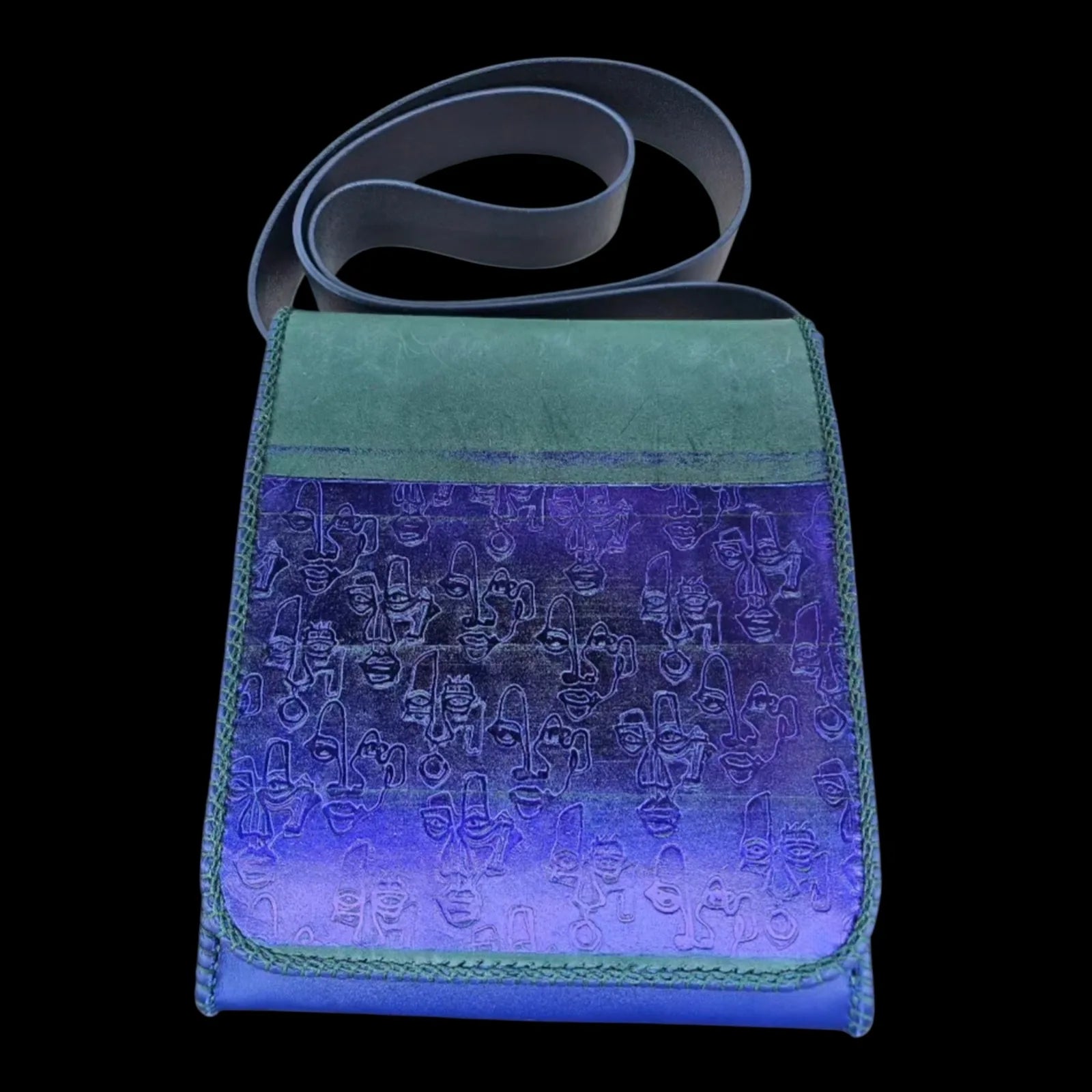 Handmade green leather shoulder bag with minimalist faces sculpted in green and royal blue leather - AG Design, Arad, Romania