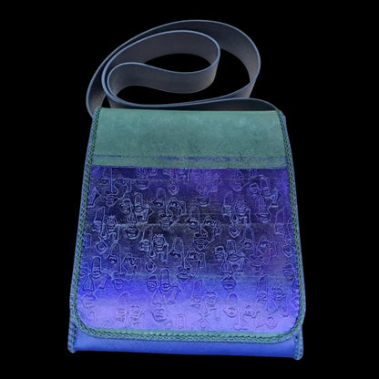 Handmade green leather shoulder bag with minimalist faces sculpted in green and royal blue leather - AG Design, Arad, Romania