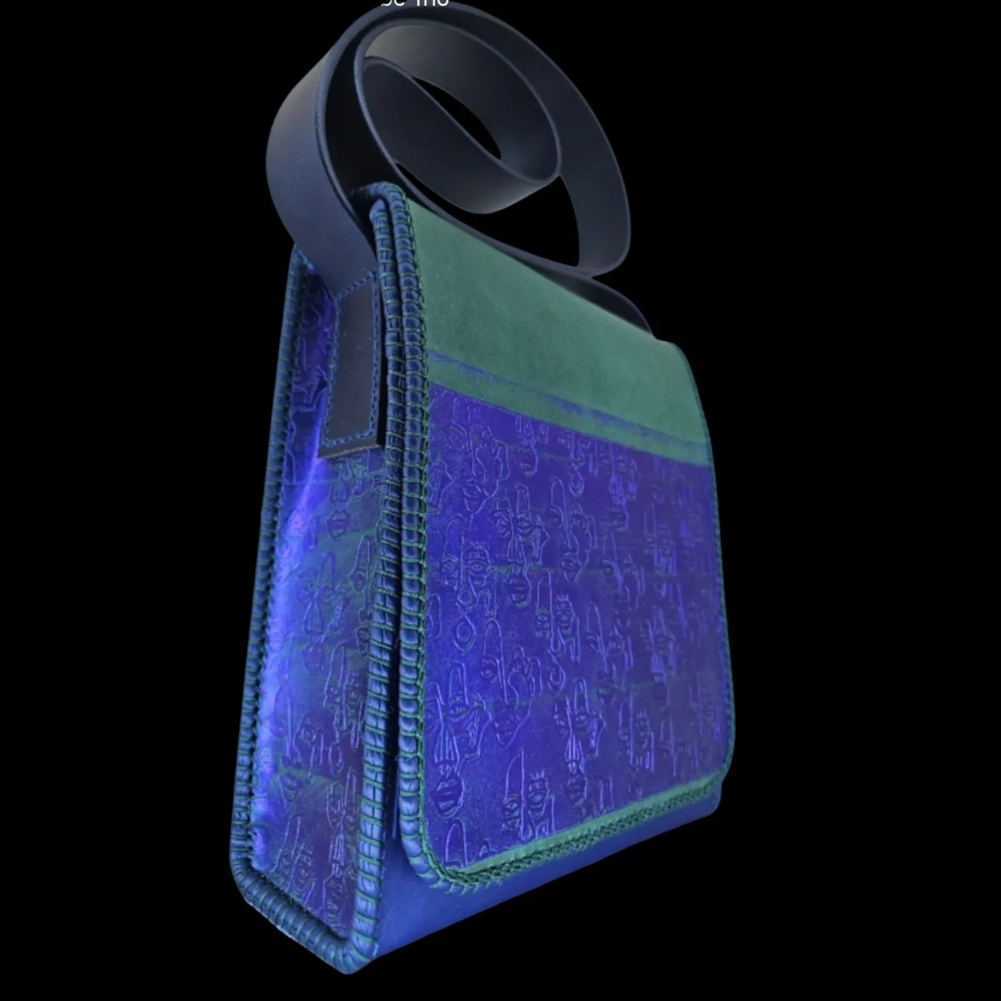 Handmade green leather shoulder bag with minimalist faces sculpted in green and royal blue leather - AG Design, Arad, Romania