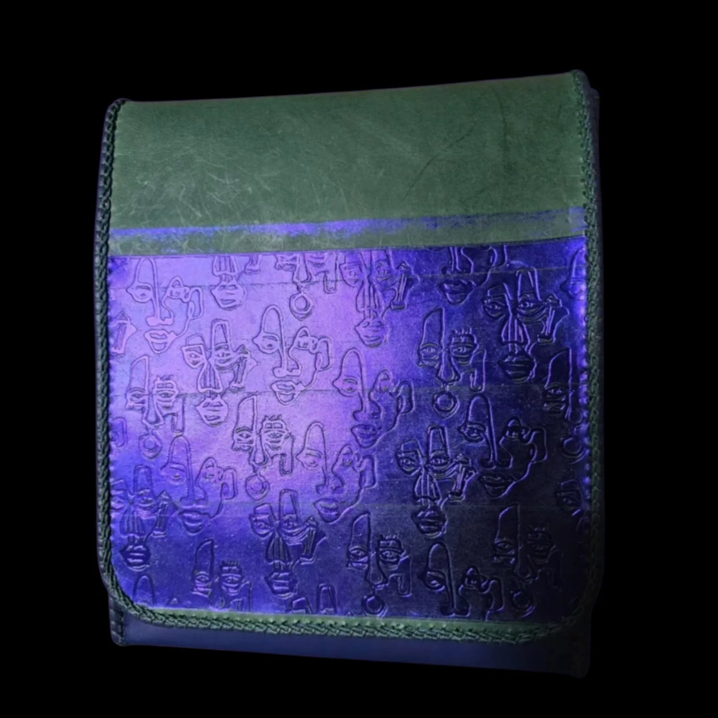 Handmade green leather shoulder bag with minimalist faces sculpted in green and royal blue leather - AG Design, Arad, Romania