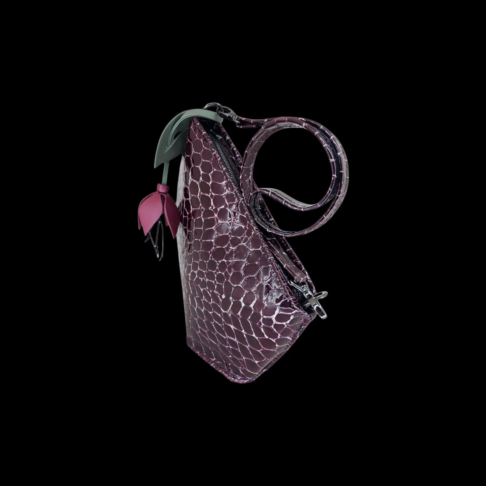 Handmade burgundy leather handbag with crocodile-textured leather and a sculpted leather flower - AG Design, Arad, Romania