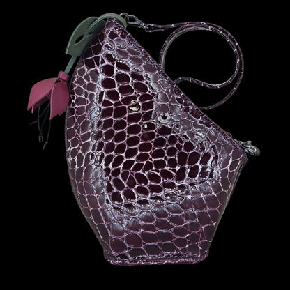 Handmade burgundy leather handbag with crocodile-textured leather and a sculpted leather flower - AG Design, Arad, Romania