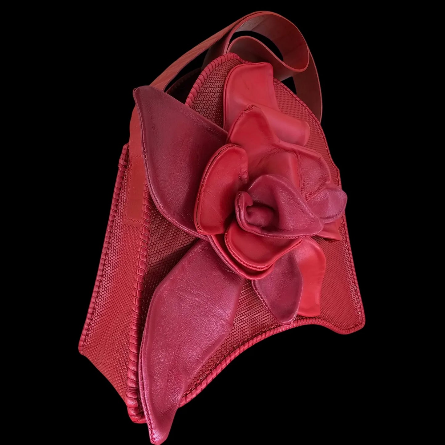 Handmade red leather shoulder bag with a large sculpted 3D leather flower in red-purple tones - AG Design, Arad, Romania