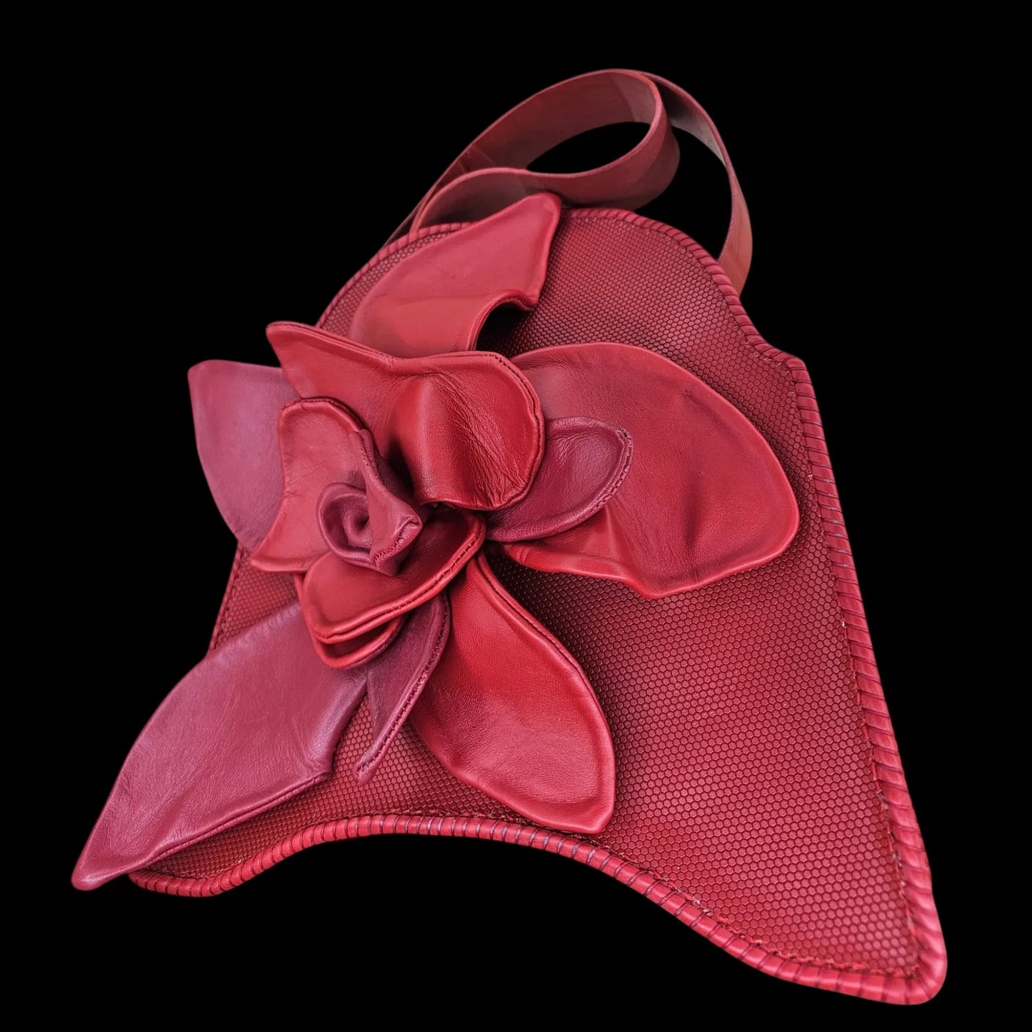 Handmade red leather shoulder bag with a large sculpted 3D leather flower in red-purple tones - AG Design, Arad, Romania