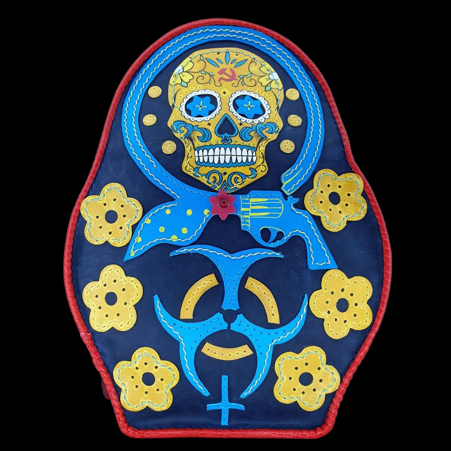 Handmade blue round leather bag with a painted skull-and-flowers motif - AG Design, Arad, Romania