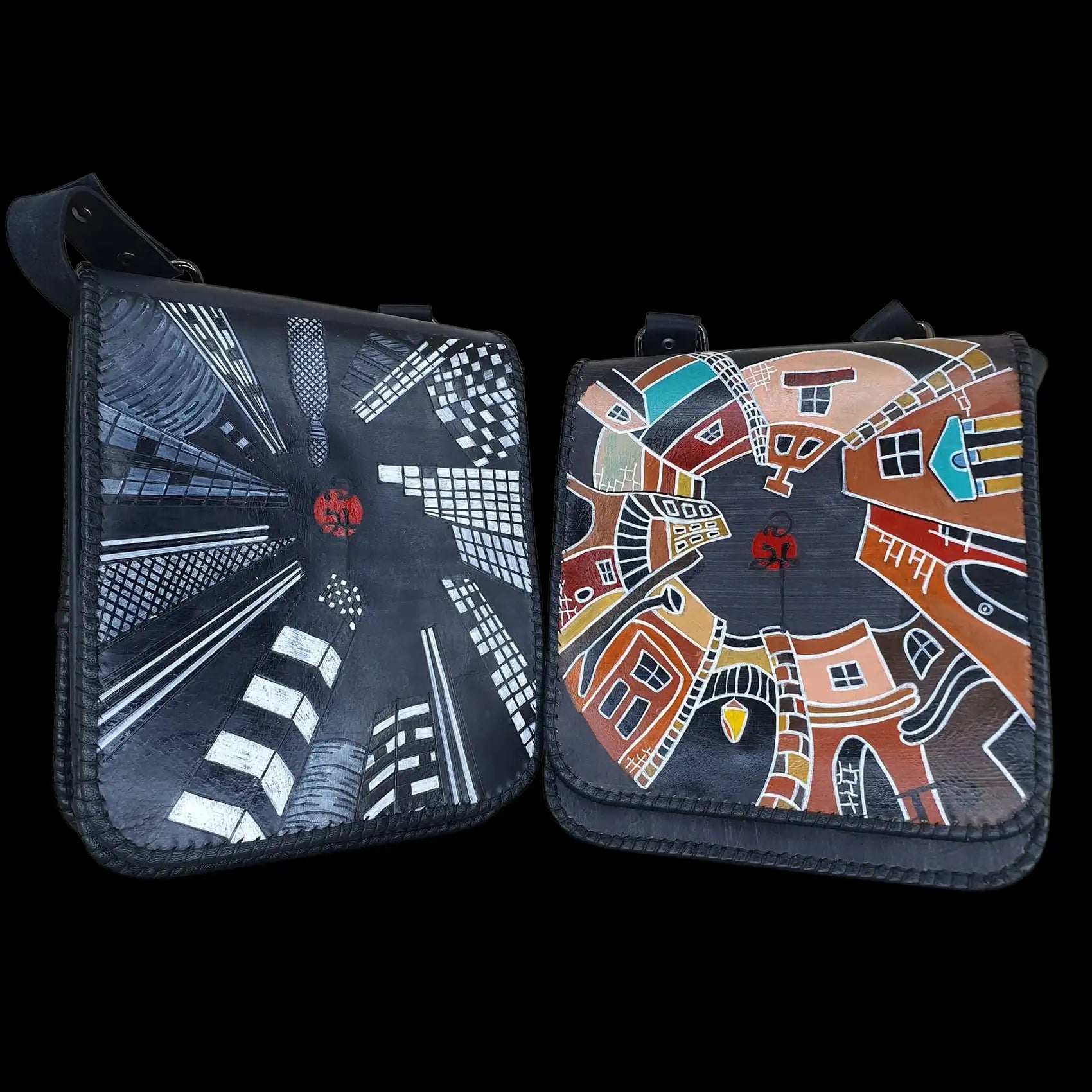Handmade small dark leather bag with a colourful interior - AG Design, Arad, Romania