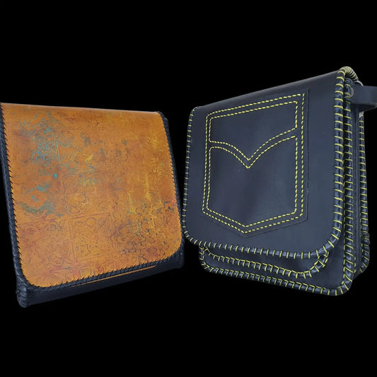 Handmade small tan leather bag with a flap and pocket - AG Design, Arad, Romania
