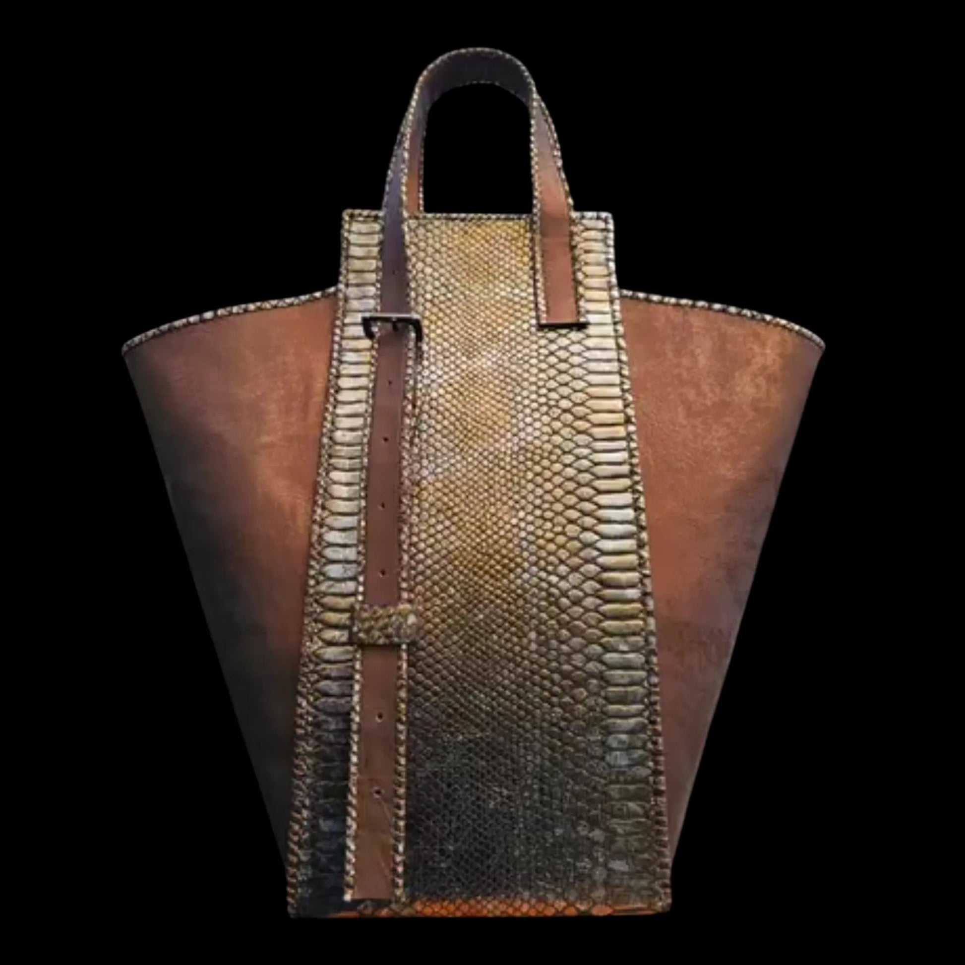 Handmade brown leather bucket bag with stitching that imitates snakeskin - AG Design, Arad, Romania