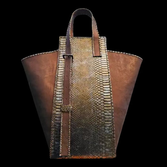 Handmade brown leather bucket bag with stitching that imitates snakeskin - AG Design, Arad, Romania