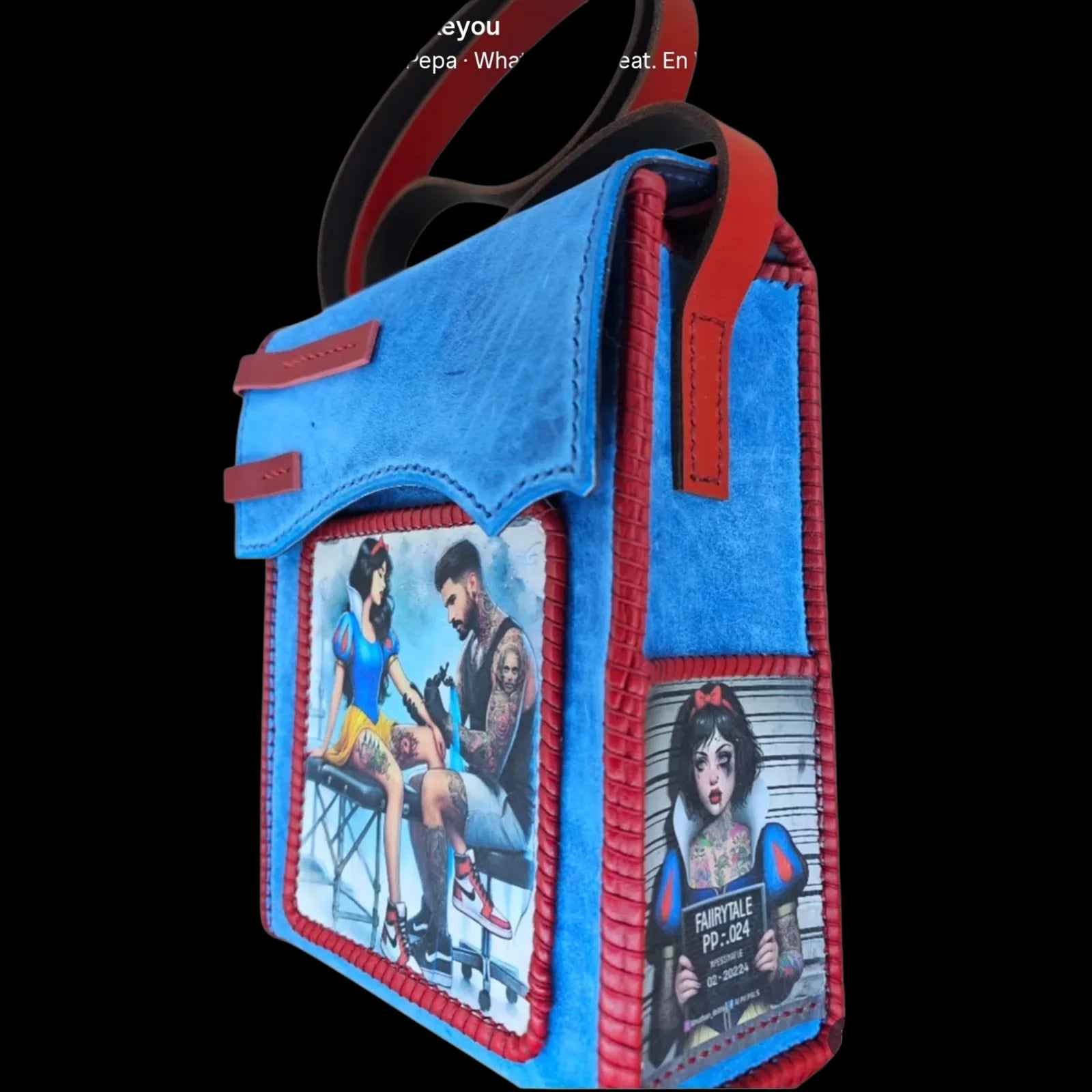 Handmade blue leather shoulder bag with blue and red leather with a Snow White photo transfer - AG Design, Arad, Romania