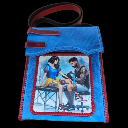 Handmade blue leather shoulder bag with blue and red leather with a Snow White photo transfer - AG Design, Arad, Romania