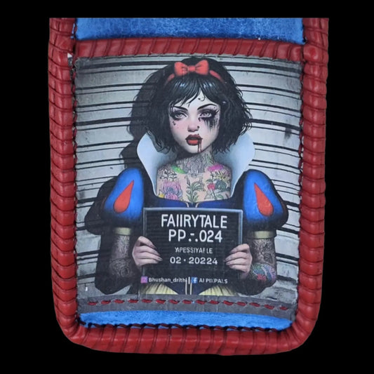 Handmade blue leather shoulder bag with blue and red leather with a Snow White photo transfer - AG Design, Arad, Romania