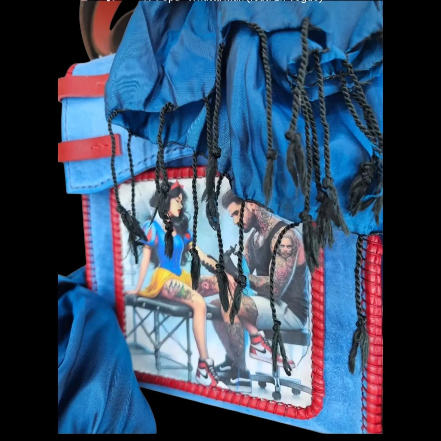 Handmade blue leather shoulder bag with blue and red leather with a Snow White photo transfer - AG Design, Arad, Romania