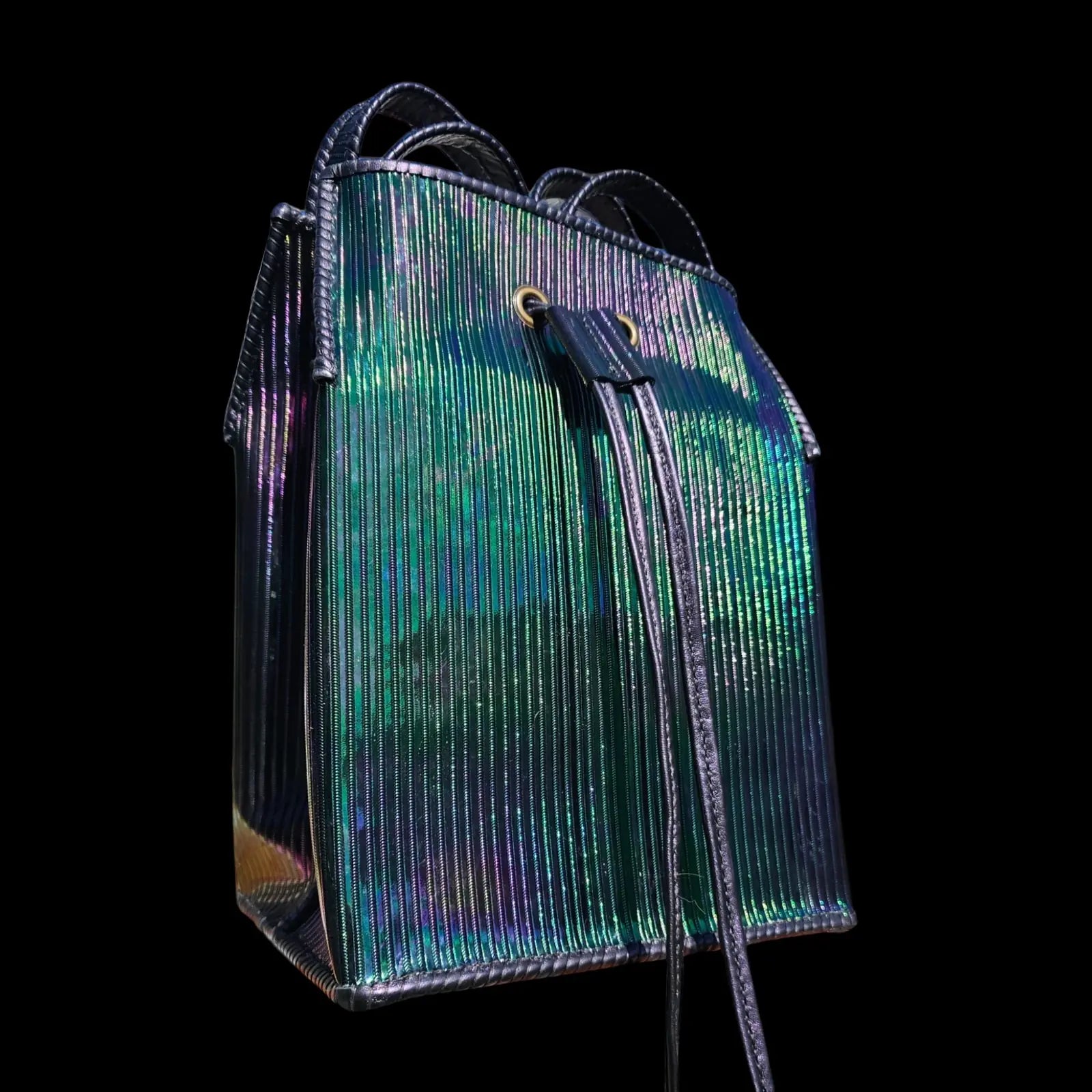 Handmade green leather bucket bag with striated metallic leather in shifting green and violet tones - AG Design, Arad, Romania