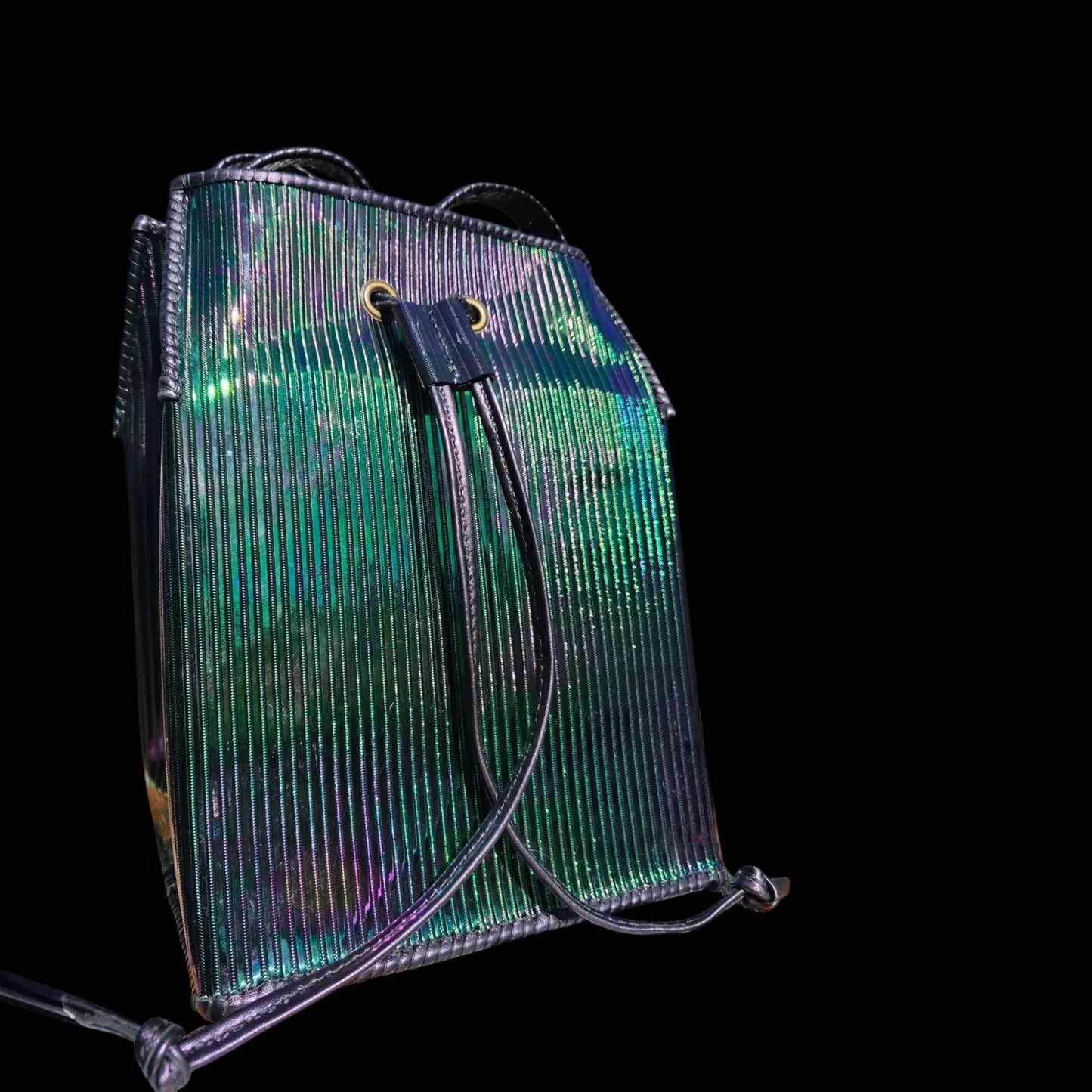 Handmade green leather bucket bag with striated metallic leather in shifting green and violet tones - AG Design, Arad, Romania