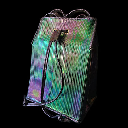 Handmade green leather bucket bag with striated metallic leather in shifting green and violet tones - AG Design, Arad, Romania