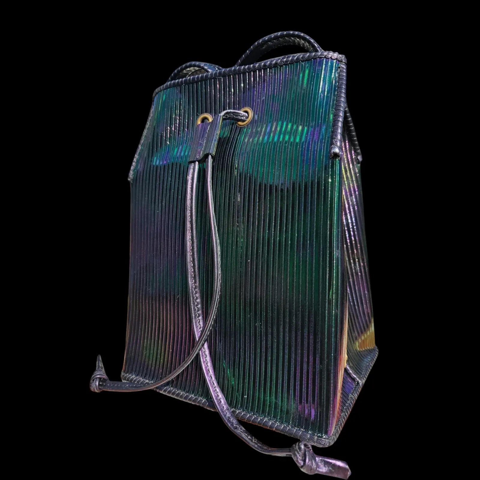 Handmade green leather bucket bag with striated metallic leather in shifting green and violet tones - AG Design, Arad, Romania